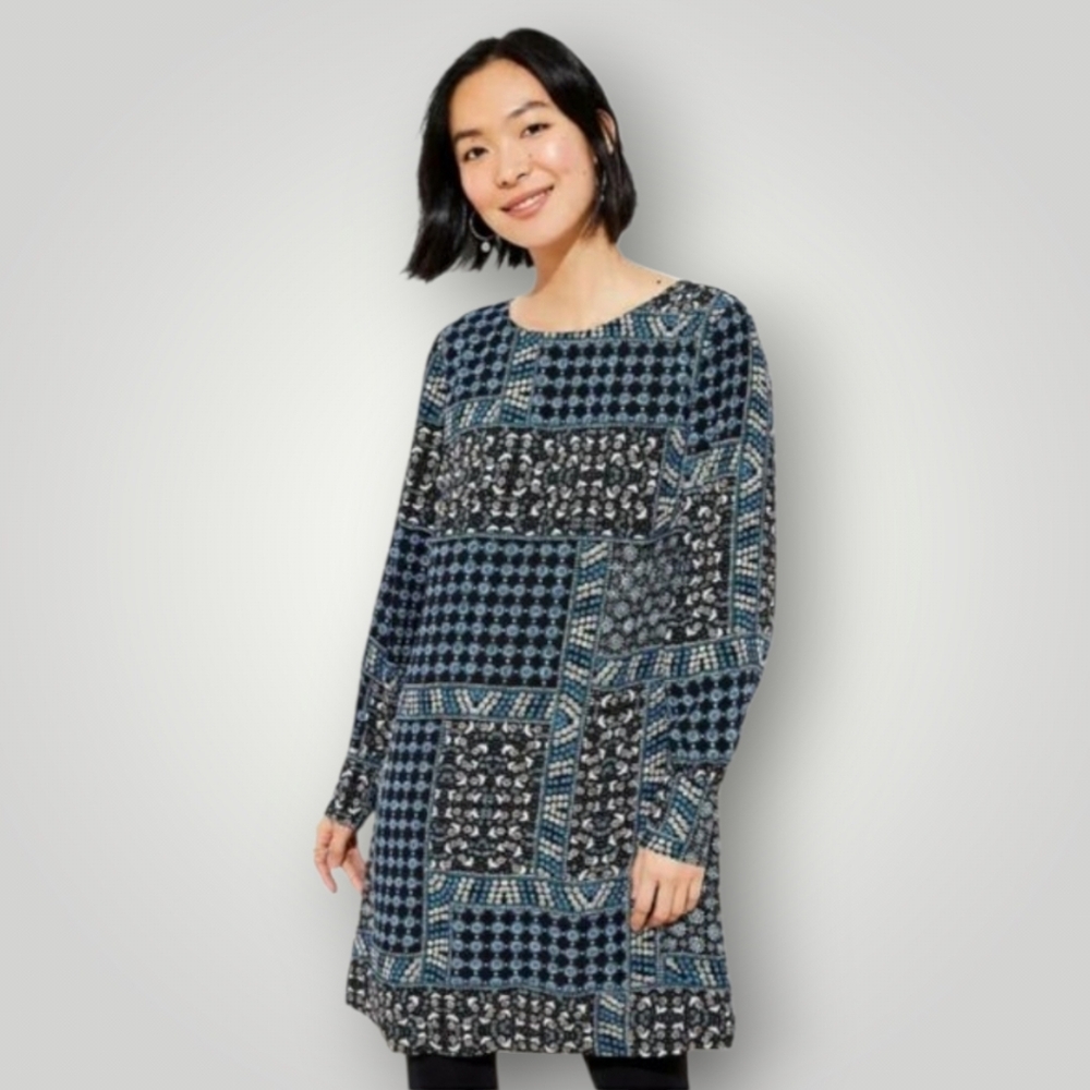 LOFT Boho Patchwork Shift Dress 6 Dark Floral Medallion Print Cottagecore